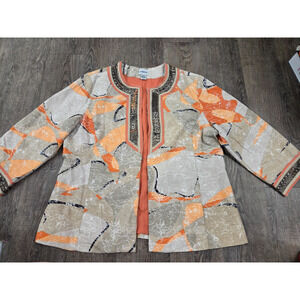 Chico's 2 Jacket Embellished Beaded Beige Orange Hook Front Lined 3/4 Sleeve L